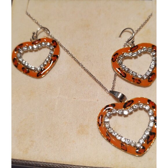 Women's Sterling Silver & Enamel Cubic Zirconia Earrings, Pendant & Necklace 15" - Picture 2 of 12